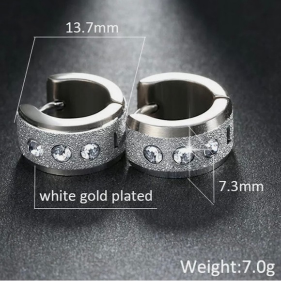 14mm Frosted Paved Steel Hoop Huggie Earrings - Picture 2 of 4